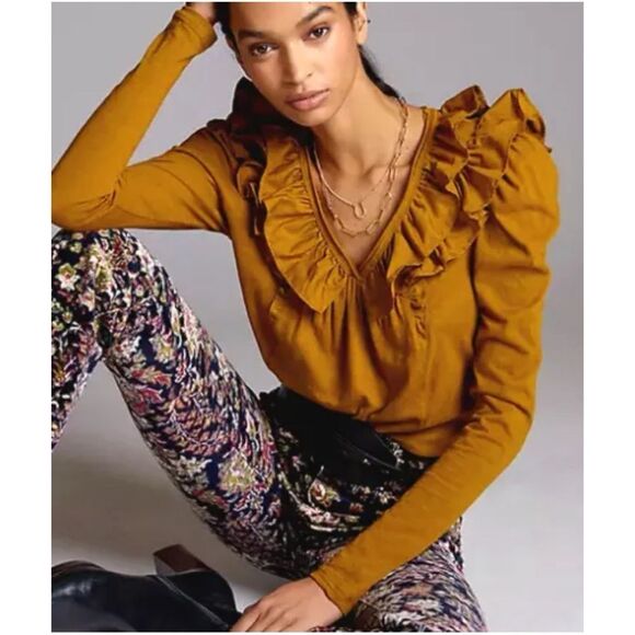Anthropologie Ruffled Ruffle Down V-Neck Top Shirt Blouse - Picture 1 of 8